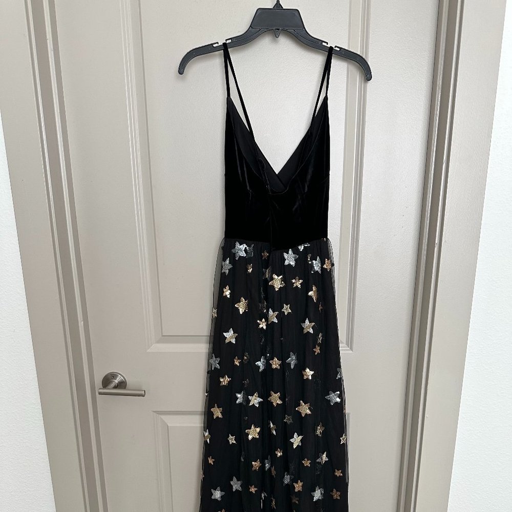 Aqua, velvet and tulle gown with gold and silver sequin stars